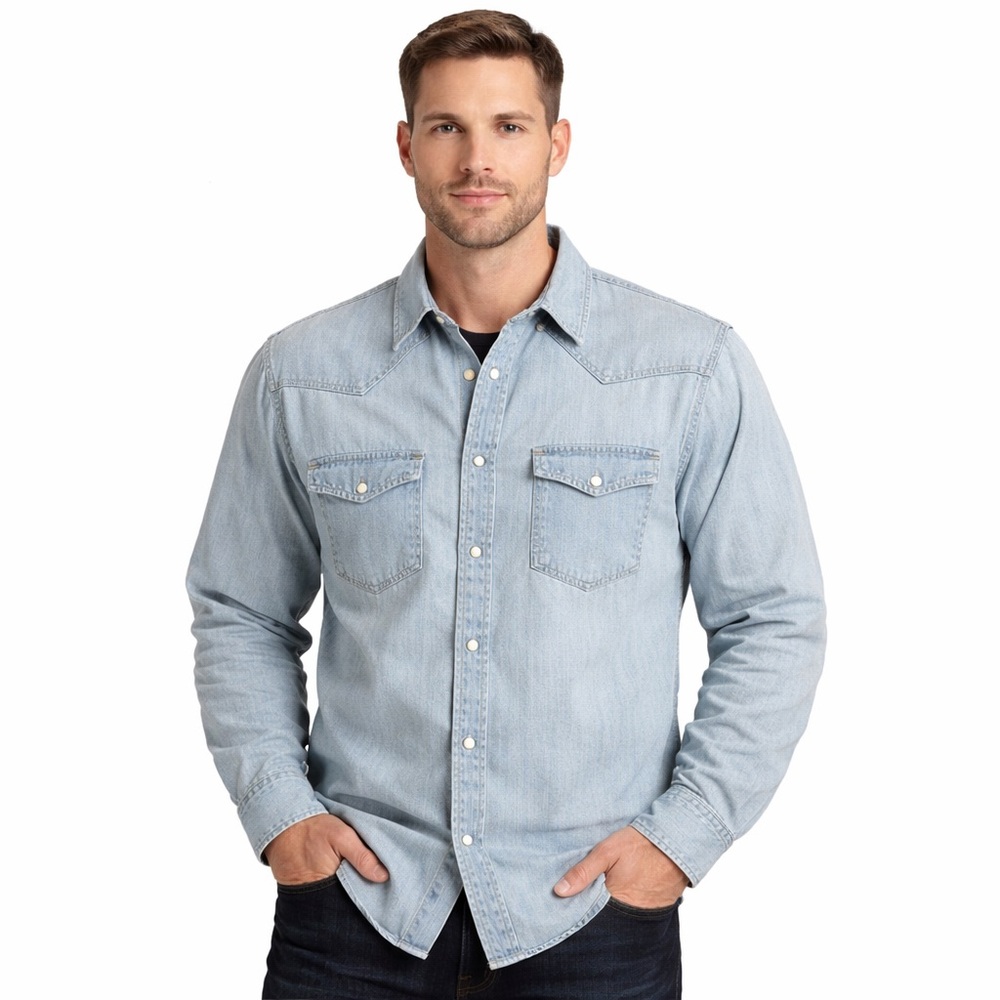 Vintage Wrangler‎ Denim Snap Western Shirt Faded Workwear Pearl Snap Rancher